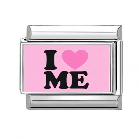 Picture of 1 Piece 304 Stainless Steel Valentine's Day Italian Charm Links For DIY Bracelet Jewelry Making Silver Tone Pink Rectangle Heart Message " I Love Me " 10mm x 9mm