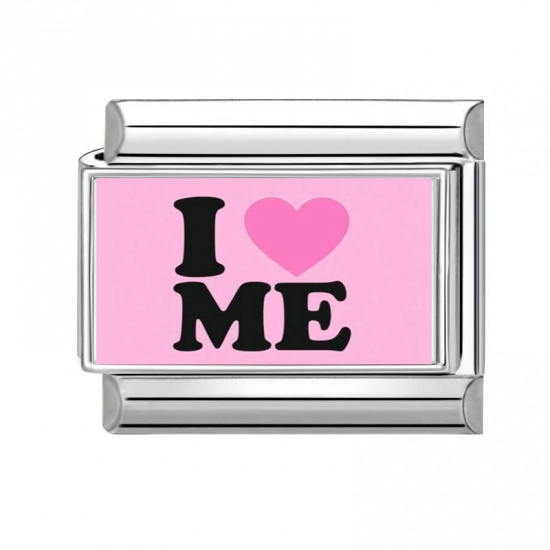 Picture of 1 Piece 304 Stainless Steel Valentine's Day Italian Charm Links For DIY Bracelet Jewelry Making Silver Tone Pink Rectangle Heart Message " I Love Me " 10mm x 9mm