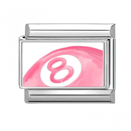 Picture of 1 Piece 304 Stainless Steel Italian Charm Links For DIY Bracelet Jewelry Making Silver Tone Pink Rectangle No.8 Billiard Pool Ball 10mm x 9mm