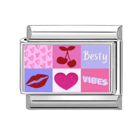 Picture of 1 Piece 304 Stainless Steel Valentine's Day Italian Charm Links For DIY Bracelet Jewelry Making Silver Tone Multicolor Rectangle Heart 10mm x 9mm