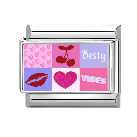 Picture of 1 Piece 304 Stainless Steel Valentine's Day Italian Charm Links For DIY Bracelet Jewelry Making Silver Tone Multicolor Rectangle Heart 10mm x 9mm