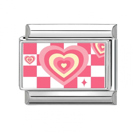 Picture of 1 Piece 304 Stainless Steel Valentine's Day Italian Charm Links For DIY Bracelet Jewelry Making Silver Tone Pink Rectangle Heart 10mm x 9mm