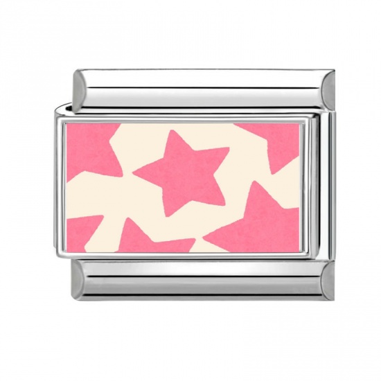 Picture of 1 Piece 304 Stainless Steel Italian Charm Links For DIY Bracelet Jewelry Making Silver Tone Pink Rectangle Pentagram Star 10mm x 9mm