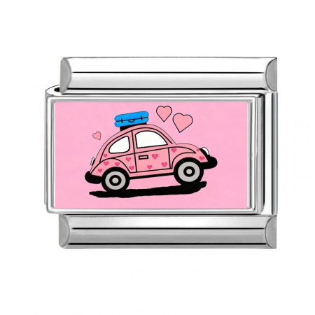 Picture of 1 Piece 304 Stainless Steel Valentine's Day Italian Charm Links For DIY Bracelet Jewelry Making Silver Tone Pink Rectangle Car 10mm x 9mm