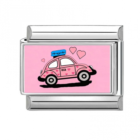 Picture of 1 Piece 304 Stainless Steel Valentine's Day Italian Charm Links For DIY Bracelet Jewelry Making Silver Tone Pink Rectangle Car 10mm x 9mm