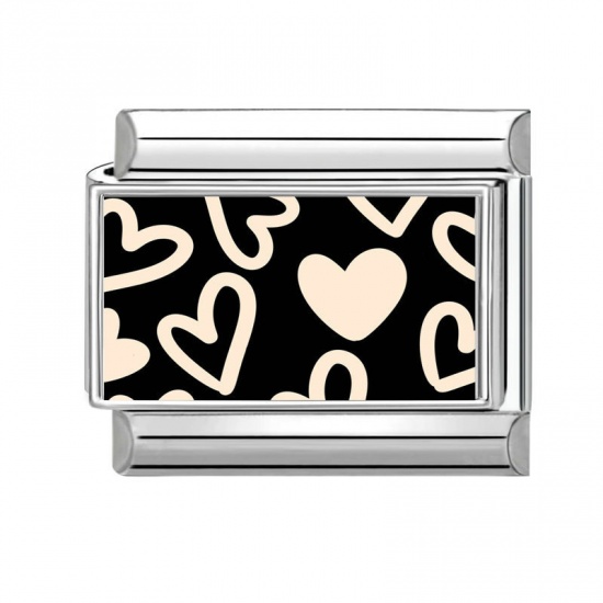 Picture of 1 Piece 304 Stainless Steel Valentine's Day Italian Charm Links For DIY Bracelet Jewelry Making Silver Tone Black & White Rectangle Heart 10mm x 9mm