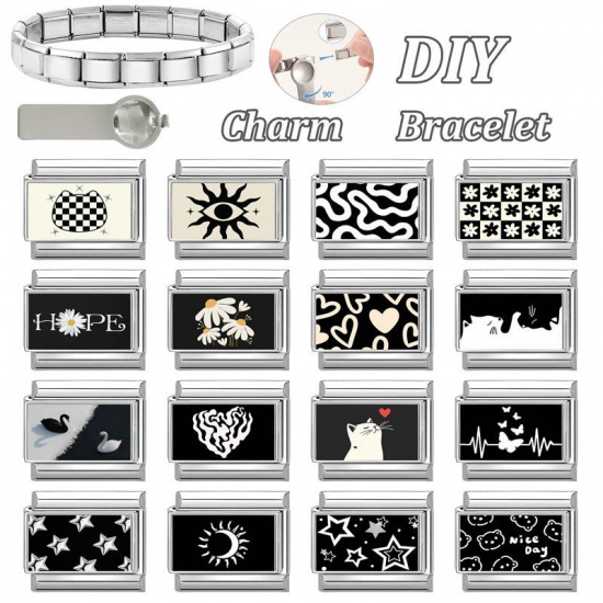 Picture of 1 Piece 304 Stainless Steel Valentine's Day Italian Charm Links For DIY Bracelet Jewelry Making Silver Tone Black & White Rectangle Heart 10mm x 9mm
