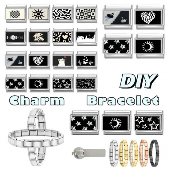 Picture of 1 Piece 304 Stainless Steel Valentine's Day Italian Charm Links For DIY Bracelet Jewelry Making Silver Tone Black & White Rectangle Heart 10mm x 9mm