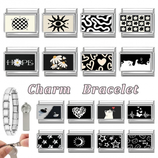 Picture of 1 Piece 304 Stainless Steel Valentine's Day Italian Charm Links For DIY Bracelet Jewelry Making Silver Tone Black & White Rectangle Heart 10mm x 9mm