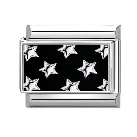 Picture of 1 Piece 304 Stainless Steel Italian Charm Links For DIY Bracelet Jewelry Making Silver Tone Black & White Rectangle Pentagram Star 10mm x 9mm