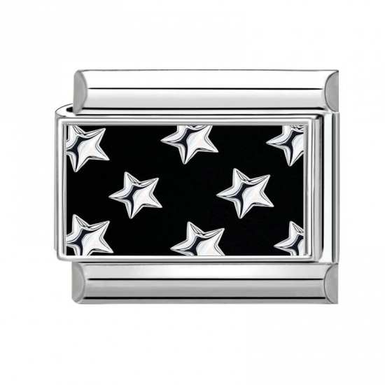 Picture of 1 Piece 304 Stainless Steel Italian Charm Links For DIY Bracelet Jewelry Making Silver Tone Black & White Rectangle Pentagram Star 10mm x 9mm