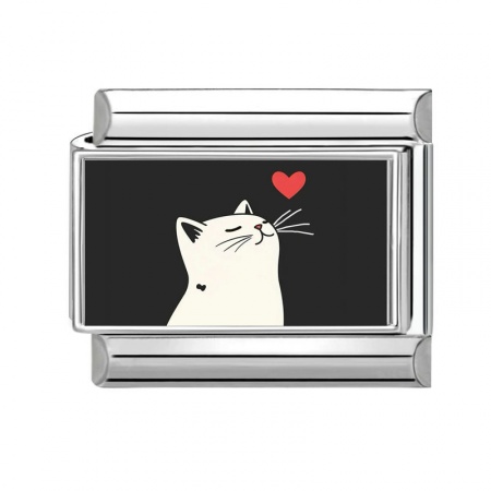 Picture of 1 Piece 304 Stainless Steel Valentine's Day Italian Charm Links For DIY Bracelet Jewelry Making Silver Tone Black & White Rectangle Cat 10mm x 9mm
