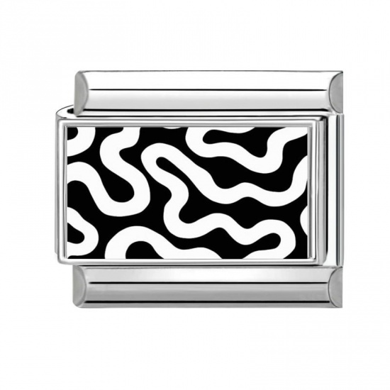 Picture of 1 Piece 304 Stainless Steel Italian Charm Links For DIY Bracelet Jewelry Making Silver Tone Black & White Rectangle Streak 10mm x 9mm
