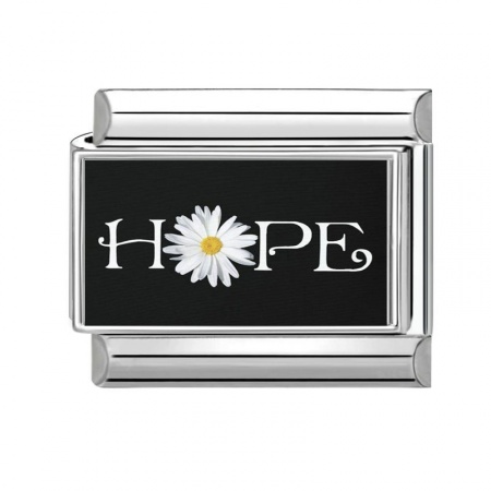 Picture of 1 Piece 304 Stainless Steel Italian Charm Links For DIY Bracelet Jewelry Making Silver Tone Black & White Rectangle Daisy Flower Message " Hope " 10mm x 9mm