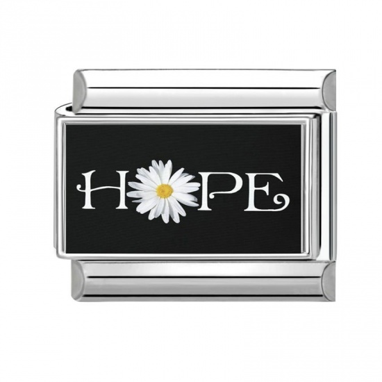 Picture of 1 Piece 304 Stainless Steel Italian Charm Links For DIY Bracelet Jewelry Making Silver Tone Black & White Rectangle Daisy Flower Message " Hope " 10mm x 9mm
