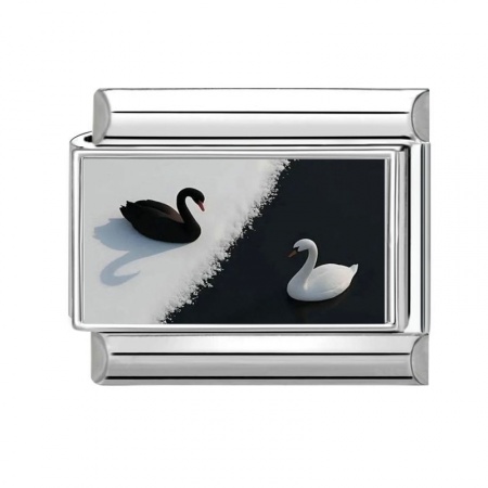 Picture of 1 Piece 304 Stainless Steel Italian Charm Links For DIY Bracelet Jewelry Making Silver Tone Black & White Rectangle Swan 10mm x 9mm