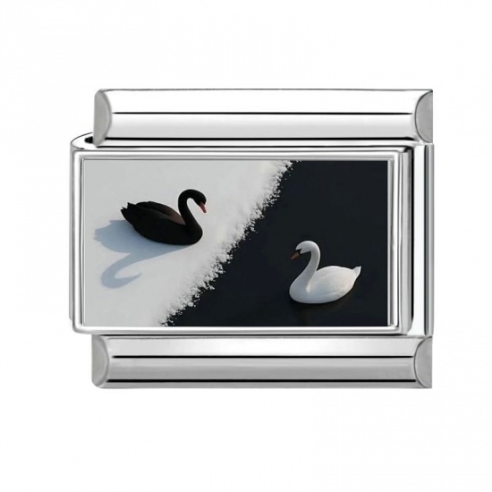 Picture of 1 Piece 304 Stainless Steel Italian Charm Links For DIY Bracelet Jewelry Making Silver Tone Black & White Rectangle Swan 10mm x 9mm