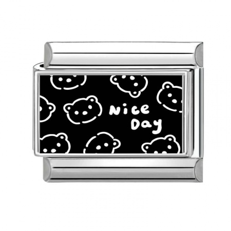 Picture of 1 Piece 304 Stainless Steel Italian Charm Links For DIY Bracelet Jewelry Making Silver Tone Black & White Rectangle Bear Message " Nice Day " 10mm x 9mm