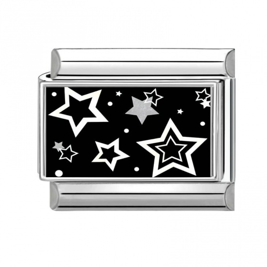 Picture of 1 Piece 304 Stainless Steel Italian Charm Links For DIY Bracelet Jewelry Making Silver Tone Black & White Rectangle Pentagram Star 10mm x 9mm