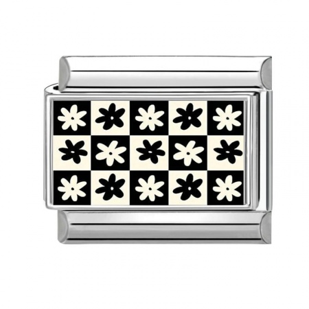 Picture of 1 Piece 304 Stainless Steel Italian Charm Links For DIY Bracelet Jewelry Making Silver Tone Black & White Rectangle Flower 10mm x 9mm