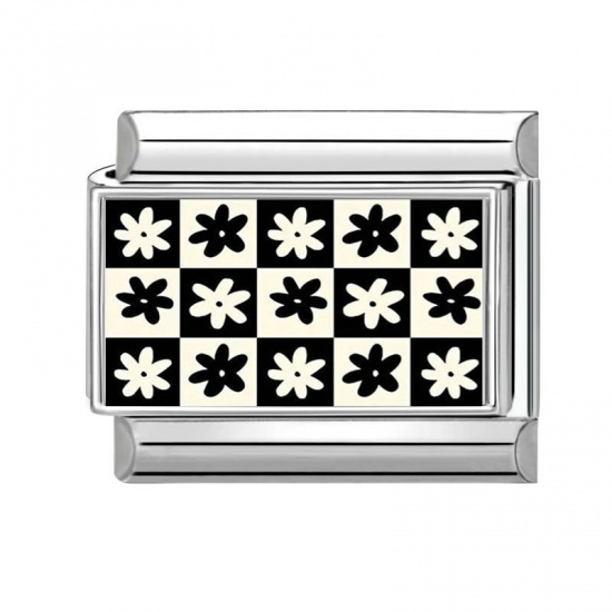 Picture of 1 Piece 304 Stainless Steel Italian Charm Links For DIY Bracelet Jewelry Making Silver Tone Black & White Rectangle Flower 10mm x 9mm