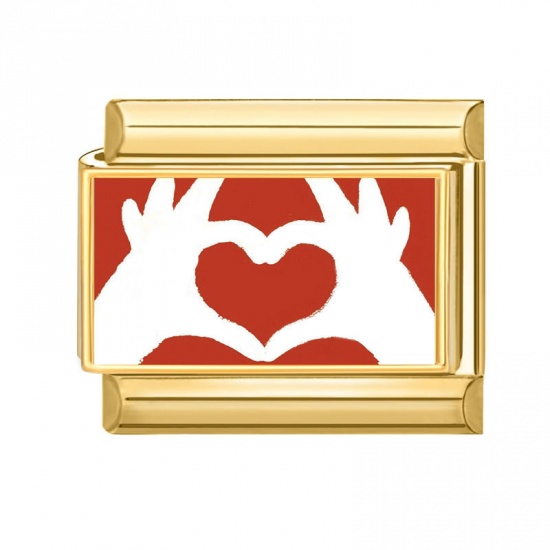 Picture of 1 Piece 304 Stainless Steel Valentine's Day Italian Charm Links For DIY Bracelet Jewelry Making Gold Plated Red Rectangle Heart 10mm x 9mm