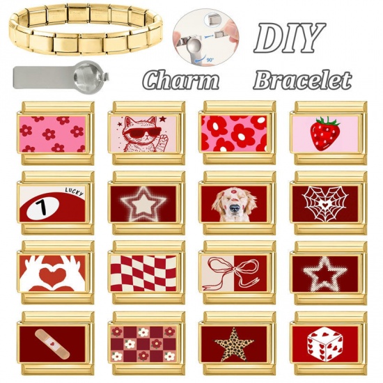 Picture of 1 Piece 304 Stainless Steel Valentine's Day Italian Charm Links For DIY Bracelet Jewelry Making Gold Plated Red Rectangle Heart 10mm x 9mm