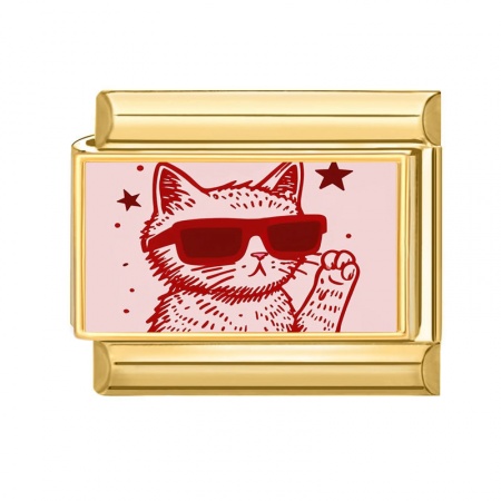 Picture of 1 Piece 304 Stainless Steel Italian Charm Links For DIY Bracelet Jewelry Making Gold Plated Red Rectangle Cat 10mm x 9mm