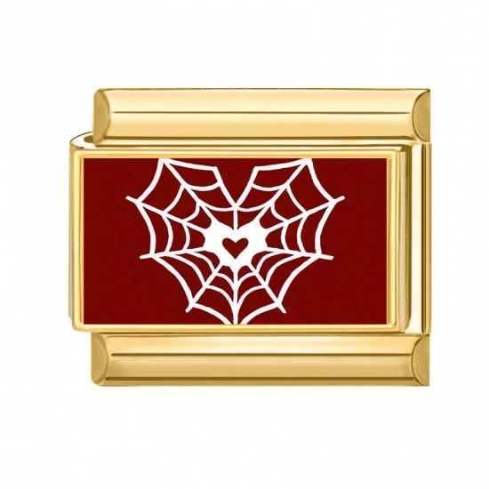 Picture of 1 Piece 304 Stainless Steel Italian Charm Links For DIY Bracelet Jewelry Making Gold Plated Red Rectangle Halloween Cobweb 10mm x 9mm