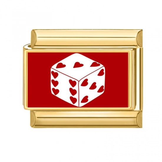 Picture of 1 Piece 304 Stainless Steel Valentine's Day Italian Charm Links For DIY Bracelet Jewelry Making Gold Plated Red Rectangle Dice 10mm x 9mm