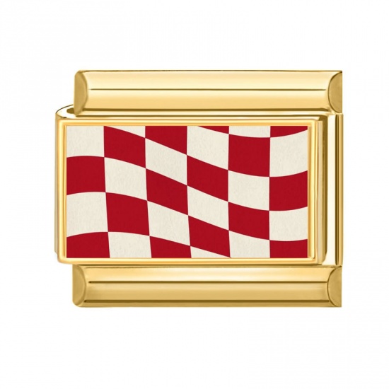 Picture of 1 Piece 304 Stainless Steel Italian Charm Links For DIY Bracelet Jewelry Making Gold Plated Red Rectangle Grid Checker 10mm x 9mm