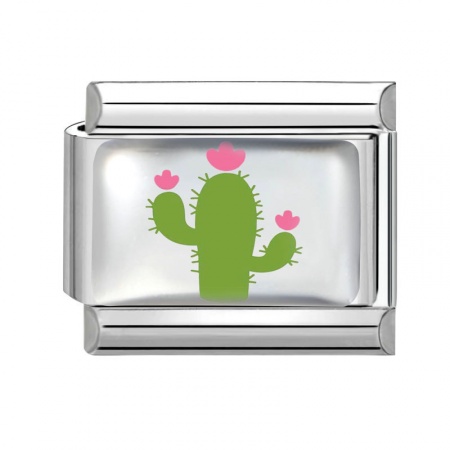 Picture of 1 Piece 304 Stainless Steel Italian Charm Links For DIY Bracelet Jewelry Making Silver Tone Green Rectangle Cactus 10mm x 9mm