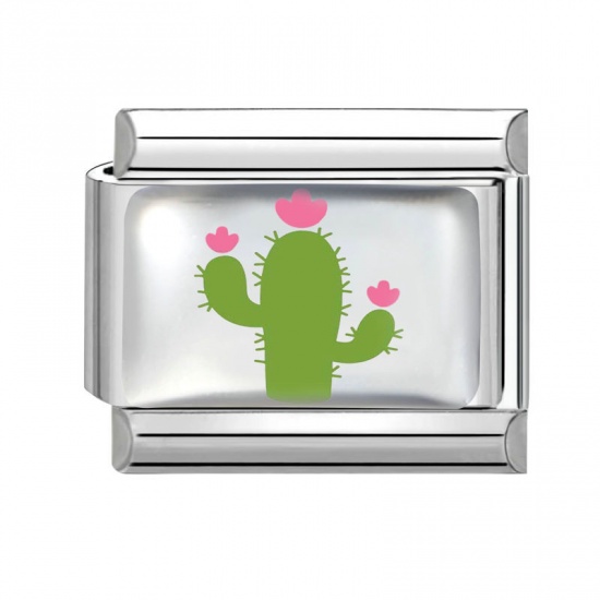Picture of 1 Piece 304 Stainless Steel Italian Charm Links For DIY Bracelet Jewelry Making Silver Tone Green Rectangle Cactus 10mm x 9mm