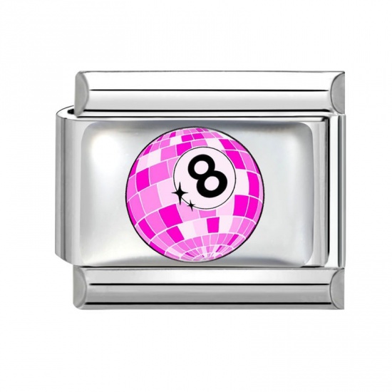 Picture of 1 Piece 304 Stainless Steel Italian Charm Links For DIY Bracelet Jewelry Making Silver Tone Pink Rectangle No.8 Billiard Pool Ball 10mm x 9mm