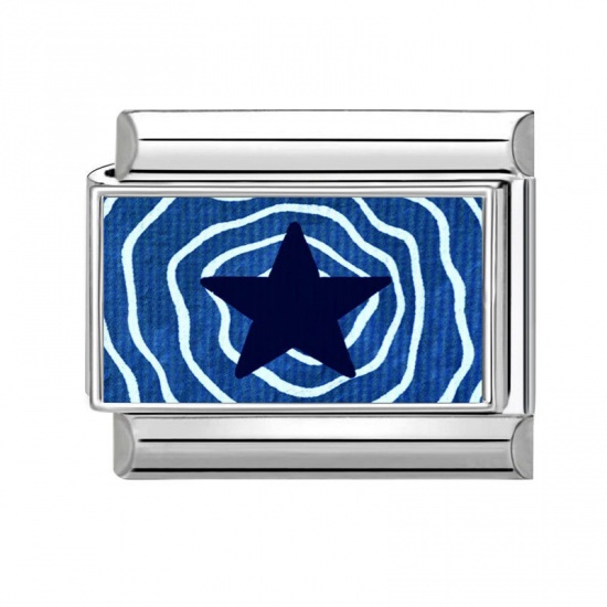 Picture of 1 Piece 304 Stainless Steel Italian Charm Links For DIY Bracelet Jewelry Making Silver Tone Blue Rectangle Pentagram Star 10mm x 9mm