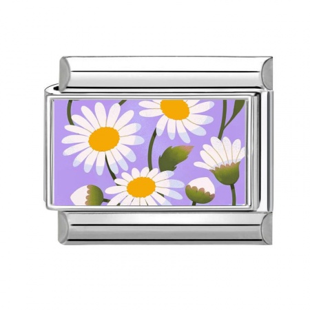 Picture of 1 Piece 304 Stainless Steel Italian Charm Links For DIY Bracelet Jewelry Making Silver Tone Purple Rectangle Flower 10mm x 9mm