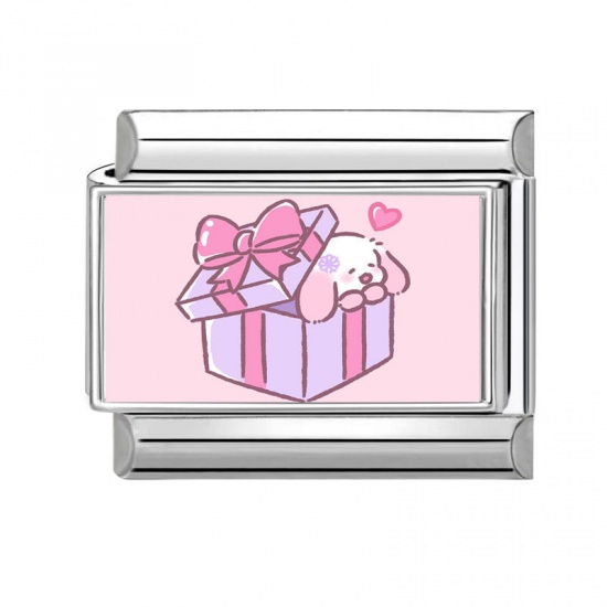 Picture of 1 Piece 304 Stainless Steel Valentine's Day Italian Charm Links For DIY Bracelet Jewelry Making Silver Tone Multicolor Rectangle Dog 10mm x 9mm