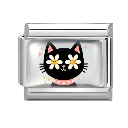 Picture of 1 Piece 304 Stainless Steel Italian Charm Links For DIY Bracelet Jewelry Making Silver Tone Multicolor Rectangle Cat 10mm x 9mm