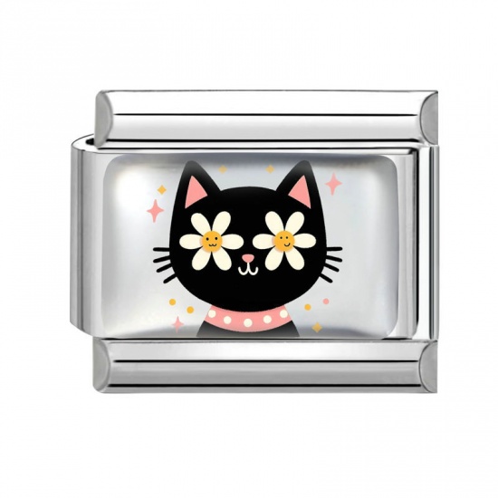 Picture of 1 Piece 304 Stainless Steel Italian Charm Links For DIY Bracelet Jewelry Making Silver Tone Multicolor Rectangle Cat 10mm x 9mm