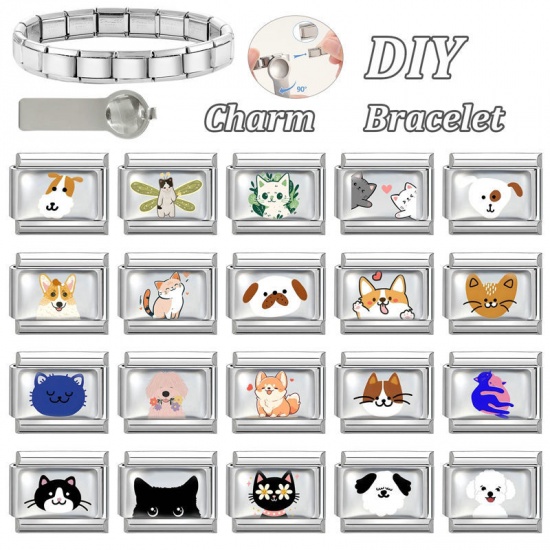 Picture of 1 Piece 304 Stainless Steel Italian Charm Links For DIY Bracelet Jewelry Making Silver Tone Multicolor Rectangle Cat 10mm x 9mm