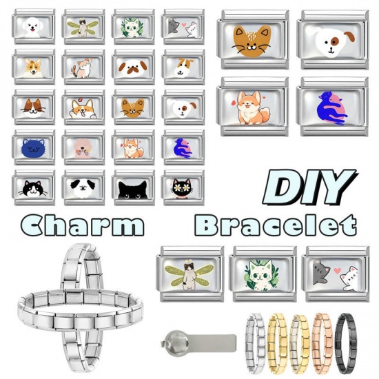 Picture of 1 Piece 304 Stainless Steel Italian Charm Links For DIY Bracelet Jewelry Making Silver Tone Multicolor Rectangle Cat 10mm x 9mm