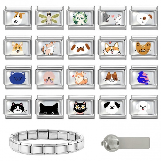Picture of 1 Piece 304 Stainless Steel Italian Charm Links For DIY Bracelet Jewelry Making Silver Tone Multicolor Rectangle Cat 10mm x 9mm