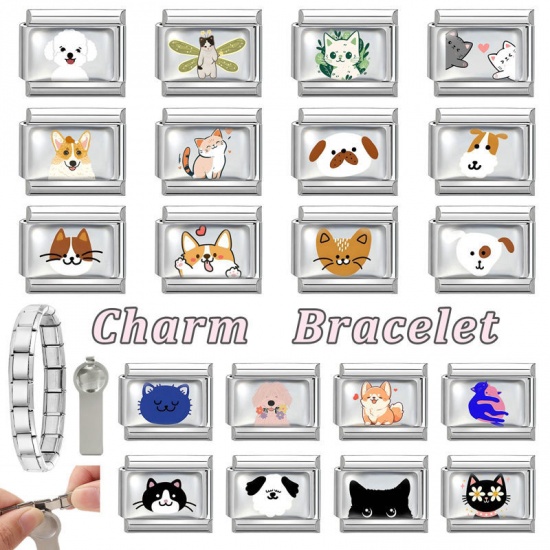 Picture of 1 Piece 304 Stainless Steel Italian Charm Links For DIY Bracelet Jewelry Making Silver Tone Multicolor Rectangle Cat 10mm x 9mm