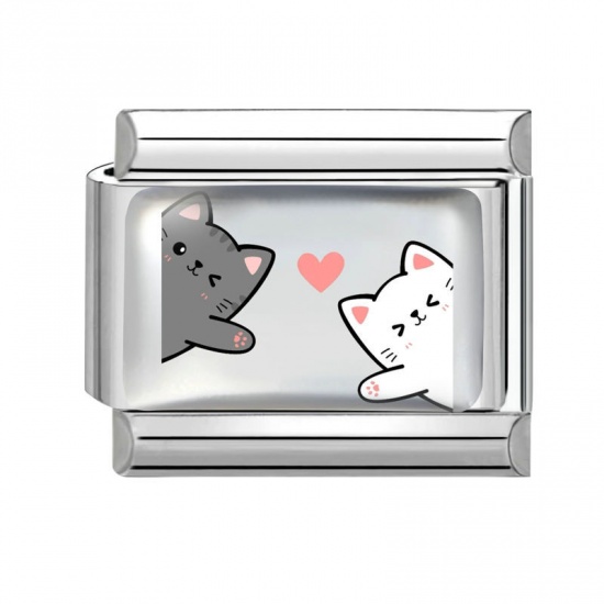 Picture of 1 Piece 304 Stainless Steel Italian Charm Links For DIY Bracelet Jewelry Making Silver Tone Multicolor Rectangle Cat 10mm x 9mm