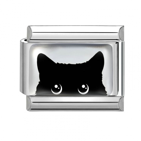 Picture of 1 Piece 304 Stainless Steel Italian Charm Links For DIY Bracelet Jewelry Making Silver Tone Black Rectangle Cat 10mm x 9mm