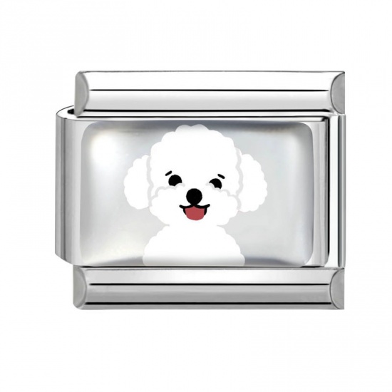 Picture of 1 Piece 304 Stainless Steel Italian Charm Links For DIY Bracelet Jewelry Making Silver Tone White Rectangle Dog 10mm x 9mm