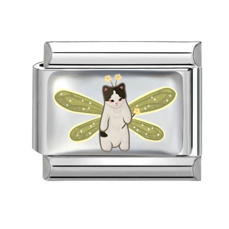 Picture of 1 Piece 304 Stainless Steel Italian Charm Links For DIY Bracelet Jewelry Making Silver Tone Multicolor Rectangle Cat 10mm x 9mm