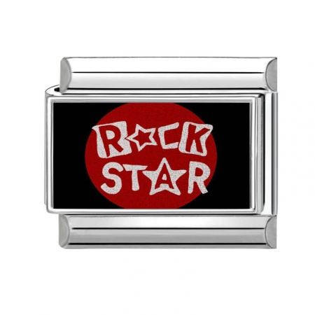 Picture of 1 Piece 304 Stainless Steel Italian Charm Links For DIY Bracelet Jewelry Making Silver Tone Red Rectangle Message " Rock Star " 10mm x 9mm