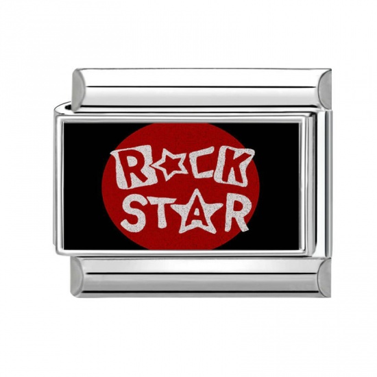 Immagine di 1 Pz 304 Acciaio Inossidabile Bracciale con Charm Italiano a Maglie, Creazione di Gioielli Fai-da-te Tono Argento Rosso Rettangolo Messaggio " Rock Star " 10mm x 9mm