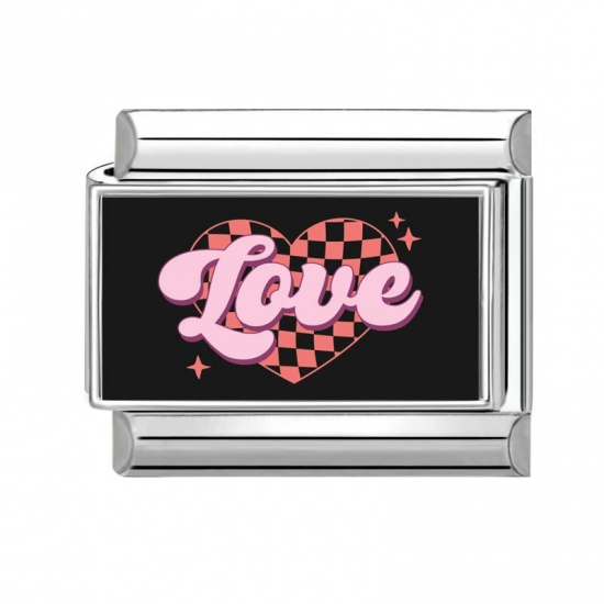 Immagine di 1 Pz 304 Acciaio Inossidabile San Valentino Bracciale con Charm Italiano a Maglie, Creazione di Gioielli Fai-da-te Tono Argento Rosa Rettangolo Cuore Messaggio " LOVE " 10mm x 9mm